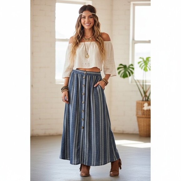 Marissa Olivia Blue Linen Blend Maxi Long Skirt Boho Hippie Lagenlook - Picture 1 of 5